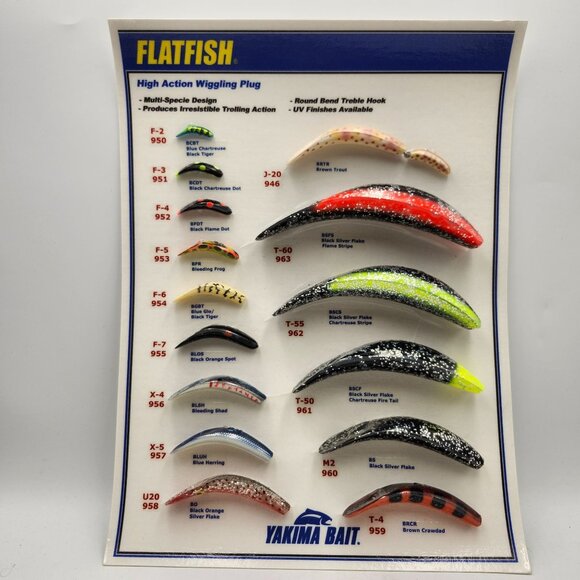 Yakima Bait Flatfish High Action Wiggling Plug Sample Board 820516 - Picture 1 of 3